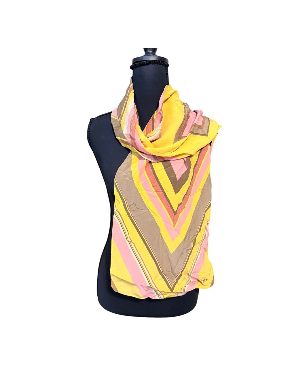 DKNY yellow pink brown silk scarf chevron V diamond pattern geometric